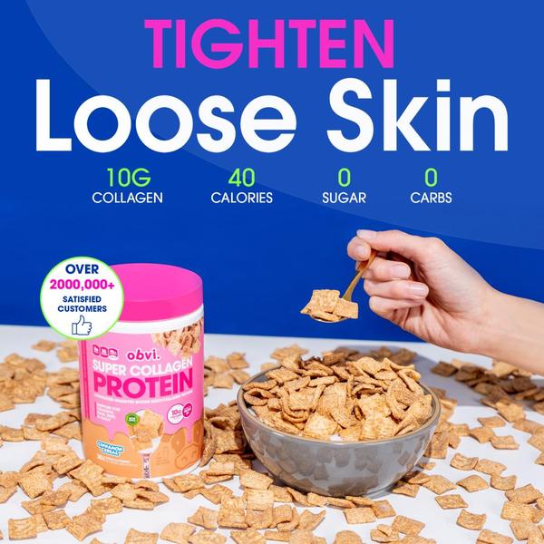 A 1:1 ratio ad creative for Super Collagen Protein that highlights skin tightening benefits alongside clear nutritional callouts like calories and sugar content.